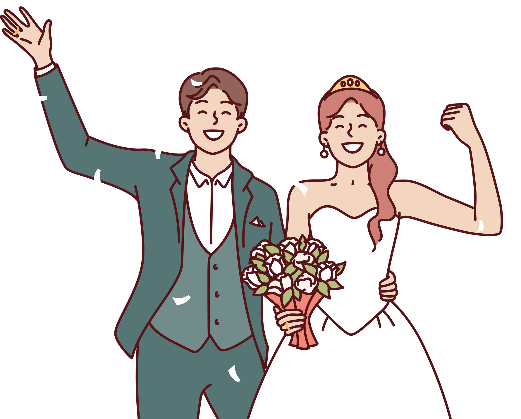 Wedding bride and groom with bouquet waving hand during festive marriage ceremony